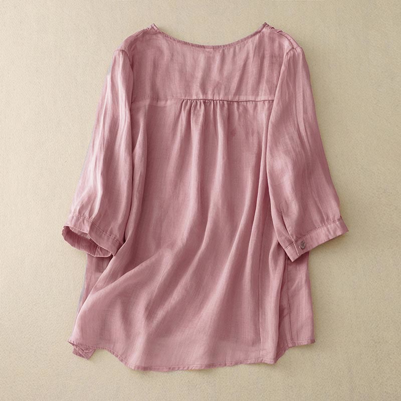 Koszula damska z krótkim rękawem i dekoltem w serek Buddha Stones Casual Plain Embroidery Willow Leaf - image 1