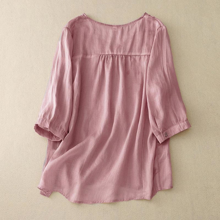 Koszula damska z krótkim rękawem i dekoltem w serek Buddha Stones Casual Plain Embroidery Willow Leaf - image 1