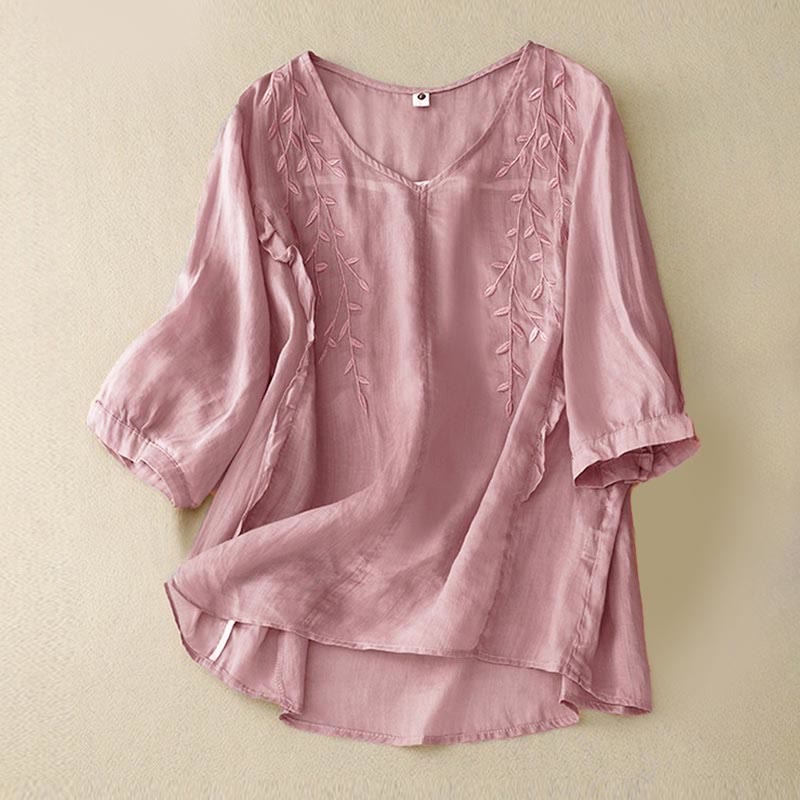 Koszula damska z krótkim rękawem i dekoltem w serek Buddha Stones Casual Plain Embroidery Willow Leaf - RosyBrown - US8-10，UK/AU12-14，EU40-42 (2XL) - image 0