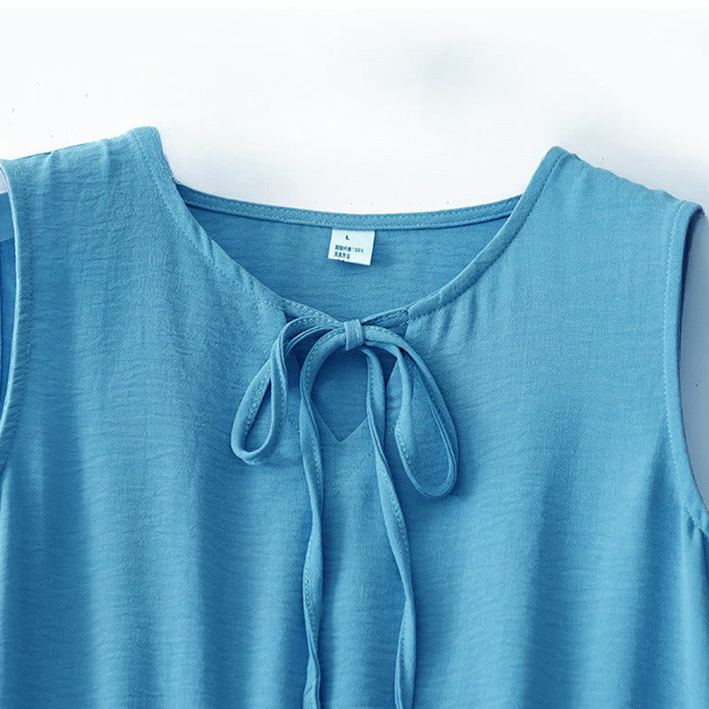 Buddha Stones Casual Plain Handmade Lace-up Midi Dress Cotton Linen Sukienka bez rękawów z kieszeniami - image 9