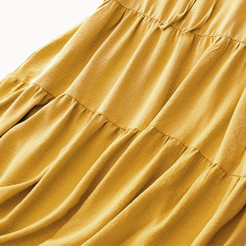 Buddha Stones Casual Plain Handmade Lace-up Midi Dress Cotton Linen Sukienka bez rękawów z kieszeniami - image 13