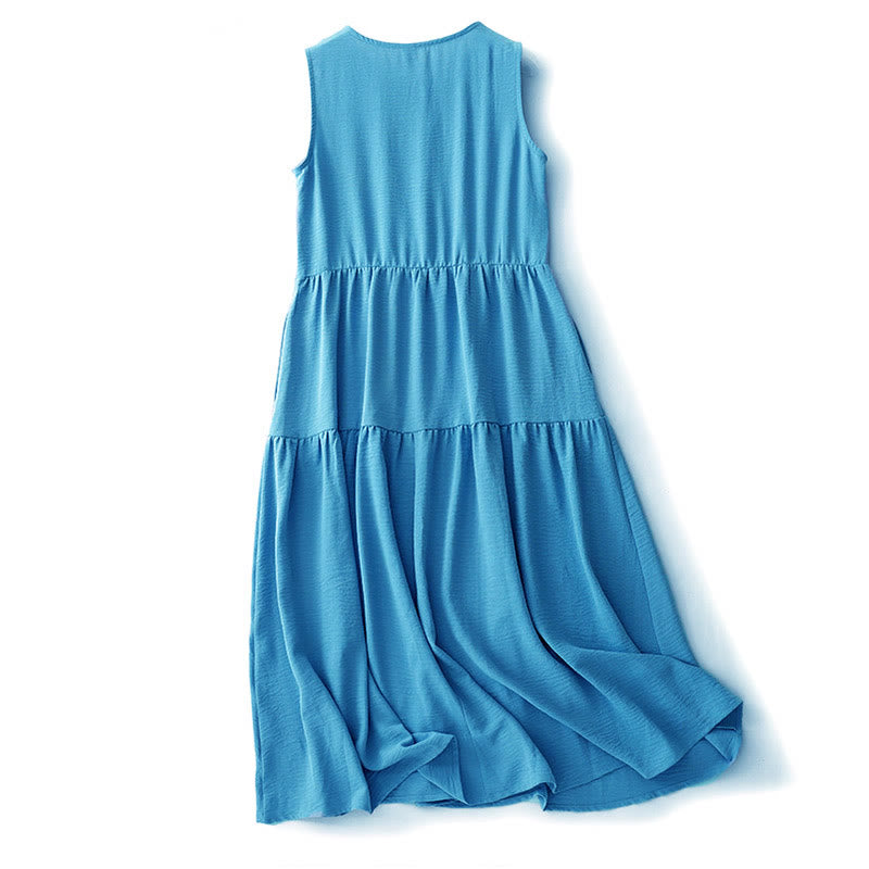 Buddha Stones Casual Plain Handmade Lace-up Midi Dress Cotton Linen Sukienka bez rękawów z kieszeniami - image 1
