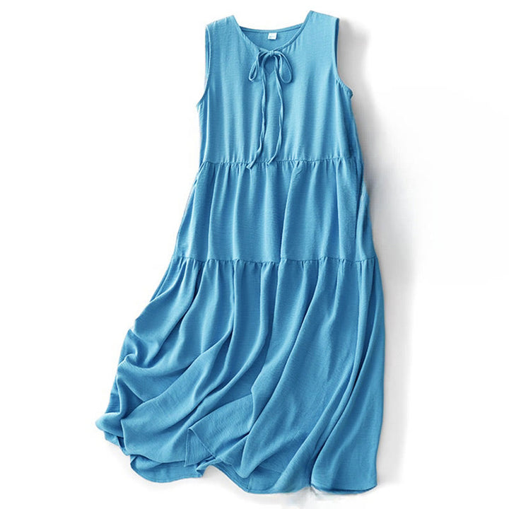 Buddha Stones Casual Plain Handmade Lace-up Midi Dress Cotton Linen Sukienka bez rękawów z kieszeniami - Stalowoniebieski - US8-10，UK/AU12-14，EU40-42 (2XL) - image 0