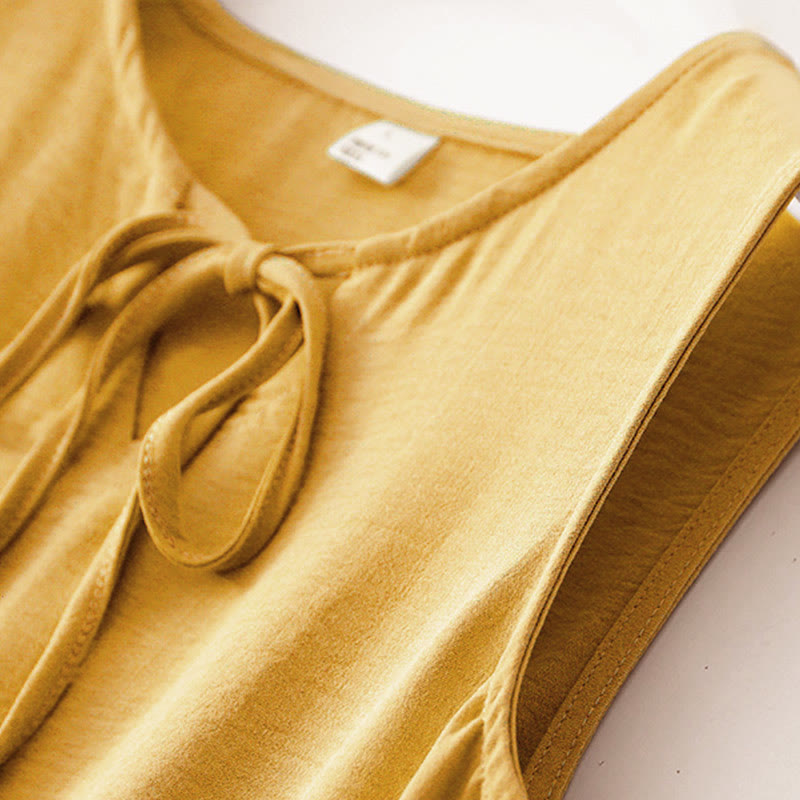 Buddha Stones Casual Plain Handmade Lace-up Midi Dress Cotton Linen Sukienka bez rękawów z kieszeniami - image 16