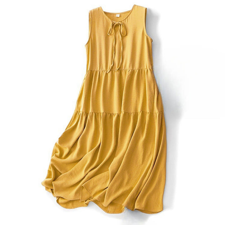 Buddha Stones Casual Plain Handmade Lace-up Midi Dress Cotton Linen Sukienka bez rękawów z kieszeniami - Nawłoć - US8-10，UK/AU12-14，EU40-42 (2XL) - image 11