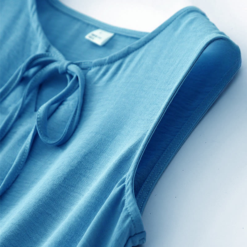 Buddha Stones Casual Plain Handmade Lace-up Midi Dress Cotton Linen Sukienka bez rękawów z kieszeniami - image 7