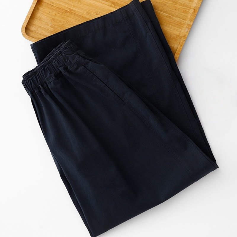 Buddha Stones Spring Commute Jednokolorowe damskie spodnie z wysokim stanem i szerokimi nogawkami z bawełny i lnu z kieszeniami
