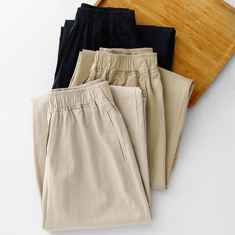 Buddha Stones Spring Commute Jednokolorowe damskie spodnie z wysokim stanem i szerokimi nogawkami z bawełny i lnu z kieszeniami