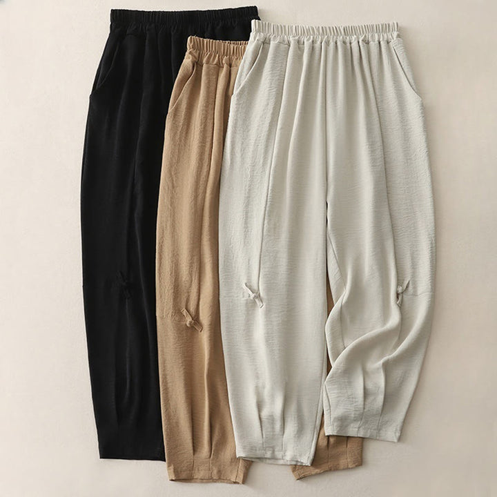 Buddha Stones Commute Casual Plain Frog-Button Design Damskie Haremowe Spodnie Bawełniane Lniane 7-8 Długość Z Kieszeniami - image 18