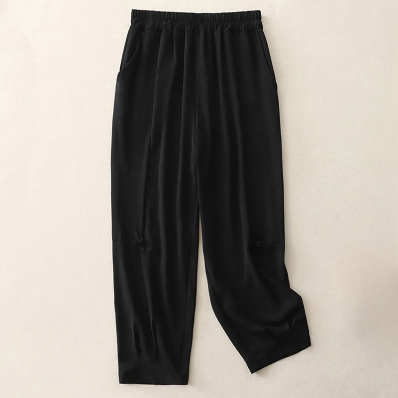 Buddha Stones Commute Casual Plain Frog-Button Design Damskie Haremowe Spodnie Bawełniane Lniane 7-8 Długość Z Kieszeniami - Czarny - US8-10，UK/AU12-14，EU40-42 (2XL) - image 9