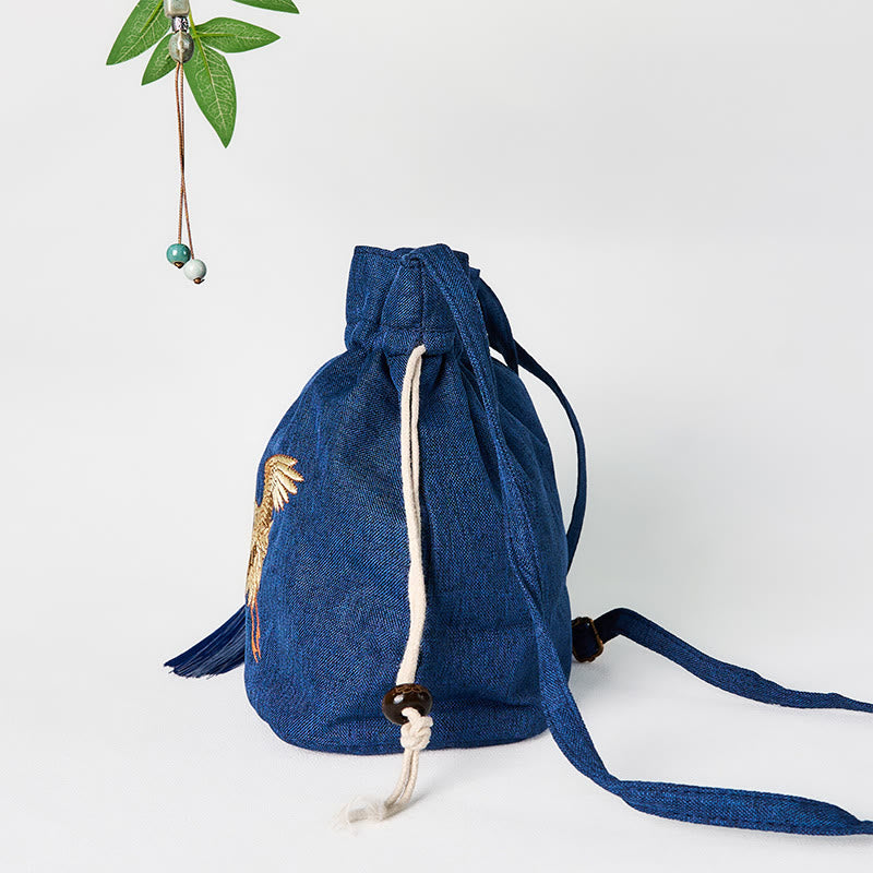 Buddha Stones haftowana granatowa żuraw bawełniana lniana torba typu crossbody torba na ramię