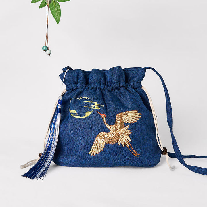 Buddha Stones haftowana granatowa żuraw bawełniana lniana torba typu crossbody torba na ramię