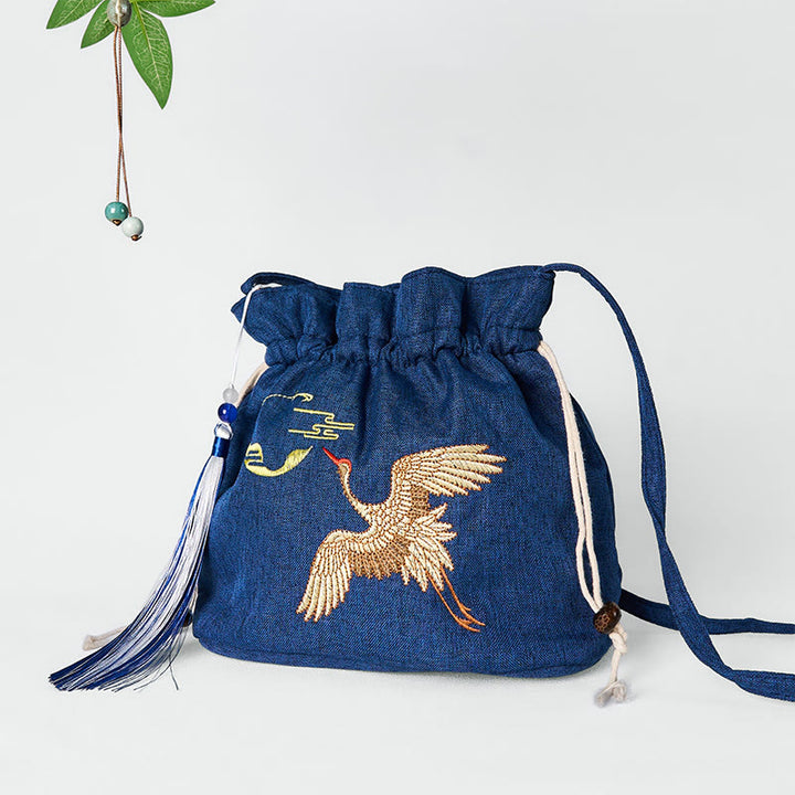 Buddha Stones haftowana granatowa żuraw bawełniana lniana torba typu crossbody torba na ramię