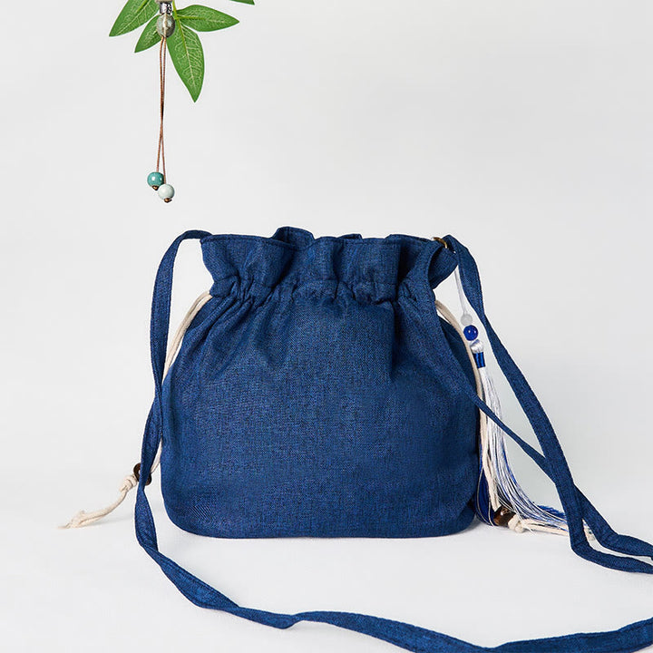 Buddha Stones haftowana granatowa żuraw bawełniana lniana torba typu crossbody torba na ramię