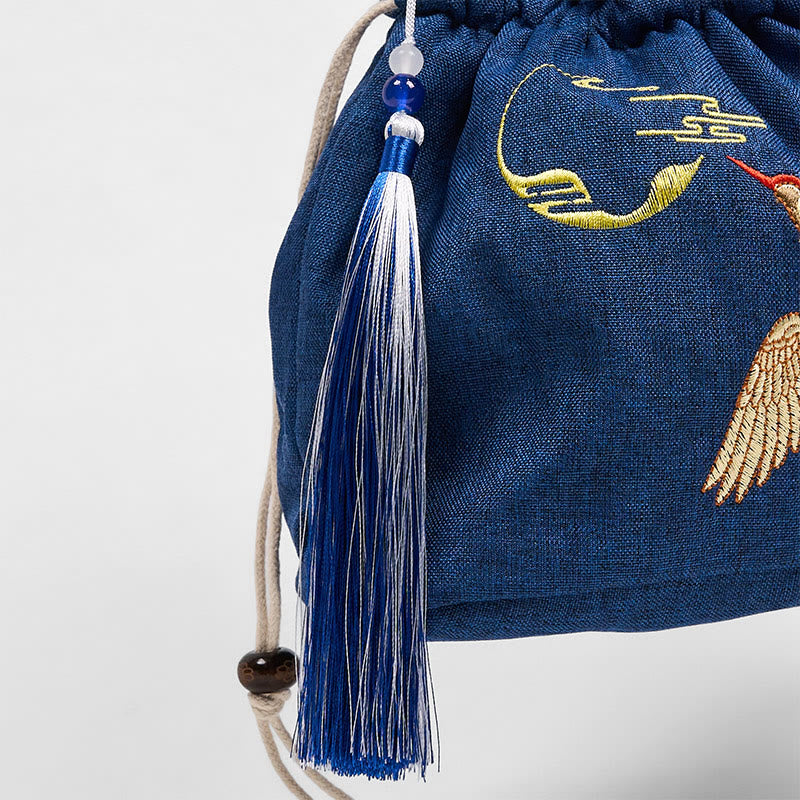 Buddha Stones haftowana granatowa żuraw bawełniana lniana torba typu crossbody torba na ramię