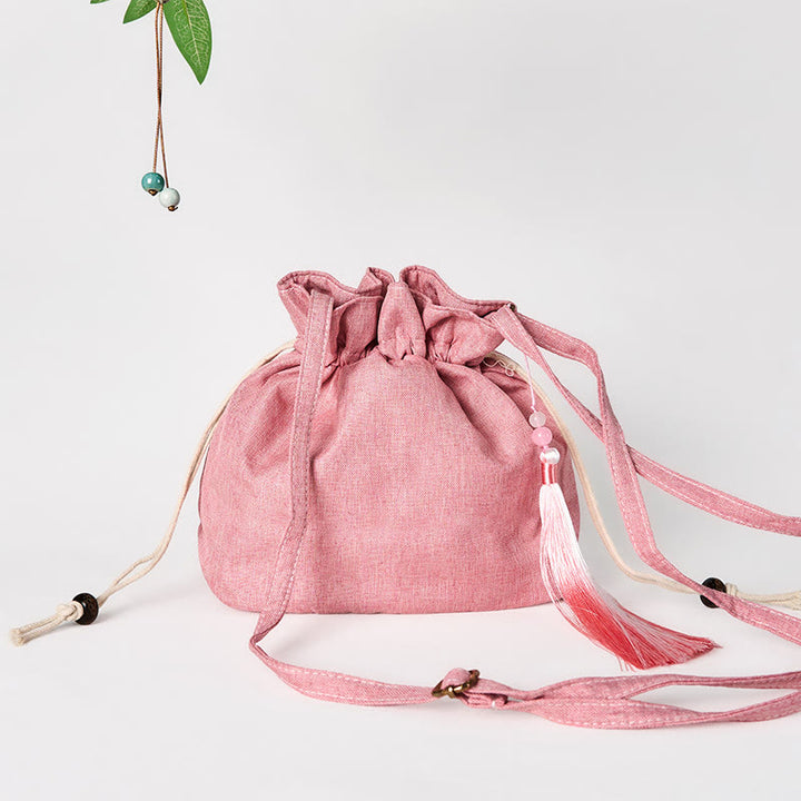 Buddha Stones haftowana jasnoróżowa lotosowa bawełniana lniana torba typu crossbody na ramię