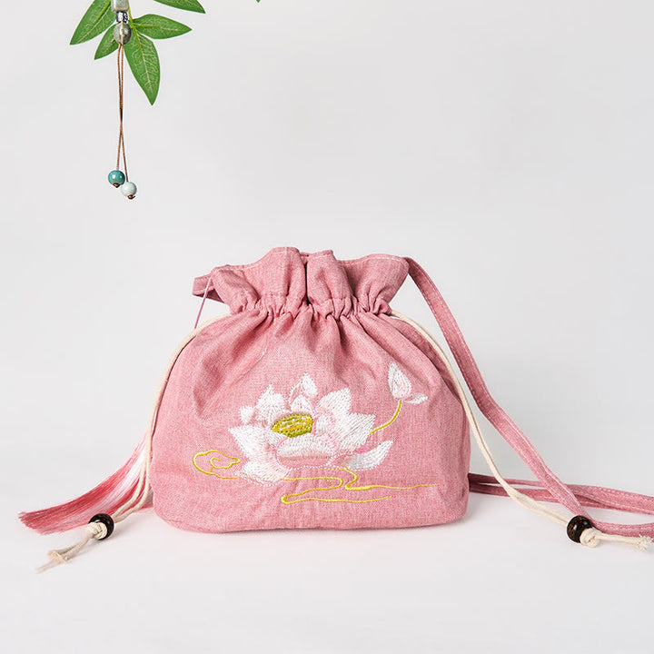 Buddha Stones haftowana jasnoróżowa lotosowa bawełniana lniana torba typu crossbody na ramię
