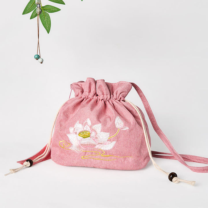 Buddha Stones haftowana jasnoróżowa lotosowa bawełniana lniana torba typu crossbody na ramię