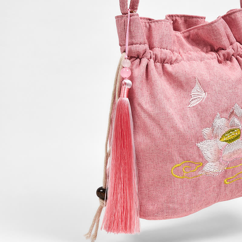 Buddha Stones haftowana jasnoróżowa lotosowa bawełniana lniana torba typu crossbody na ramię