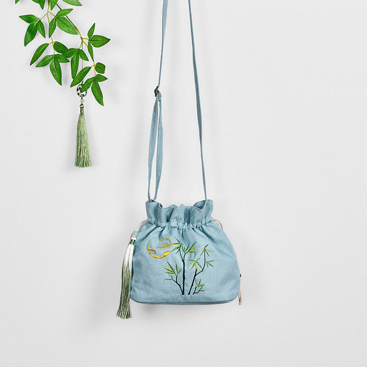 Buddha Stones haftowana zielona bambusowa bawełniana lniana torba typu crossbody torba na ramię