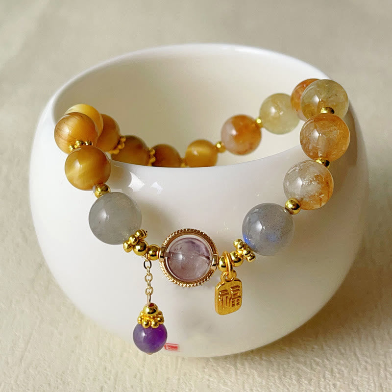 Bransoletka z Buddha Stones Naturalny Cytryn Tygrysie Oko Fu Charakter Dobrobytu
