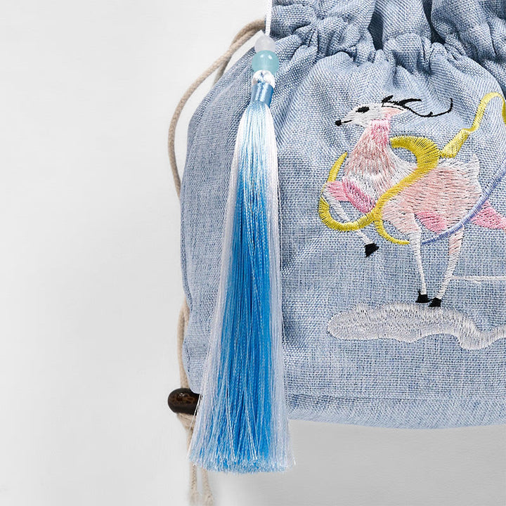 Buddha Stones haftowane jasnoniebieskie wróżki jelenie pomyślne chmury bawełniana lniana torba typu crossbody torba na ramię