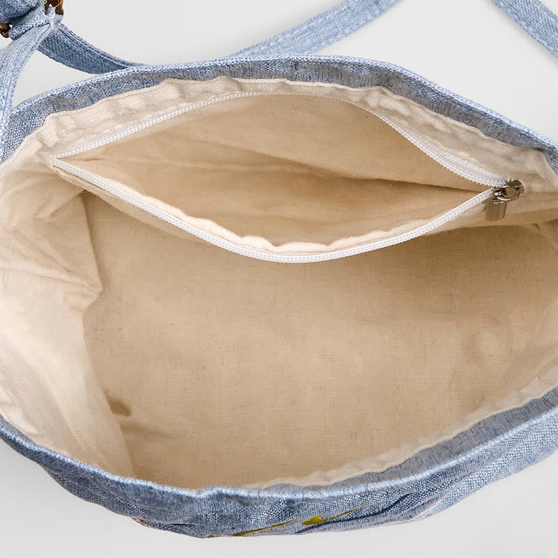 Buddha Stones haftowane jasnoniebieskie wróżki jelenie pomyślne chmury bawełniana lniana torba typu crossbody torba na ramię