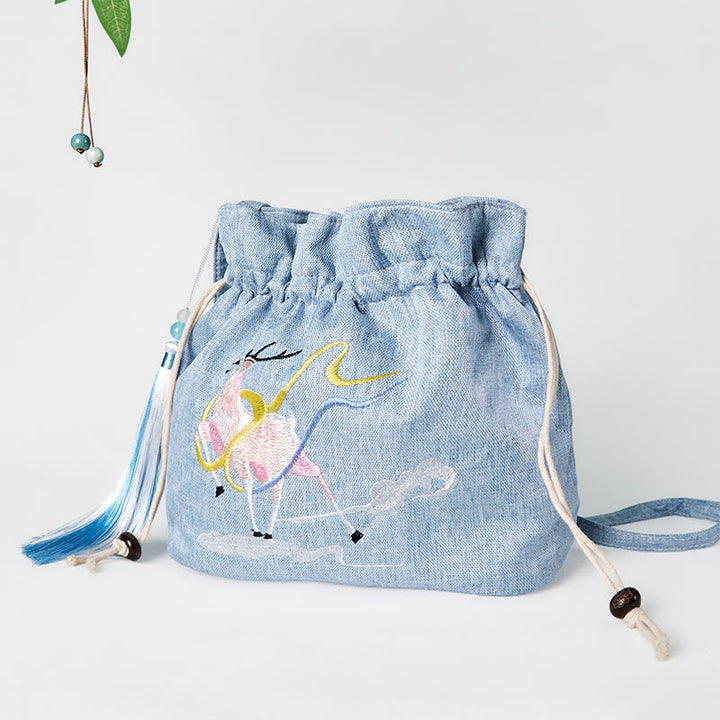 Buddha Stones haftowane jasnoniebieskie wróżki jelenie pomyślne chmury bawełniana lniana torba typu crossbody torba na ramię
