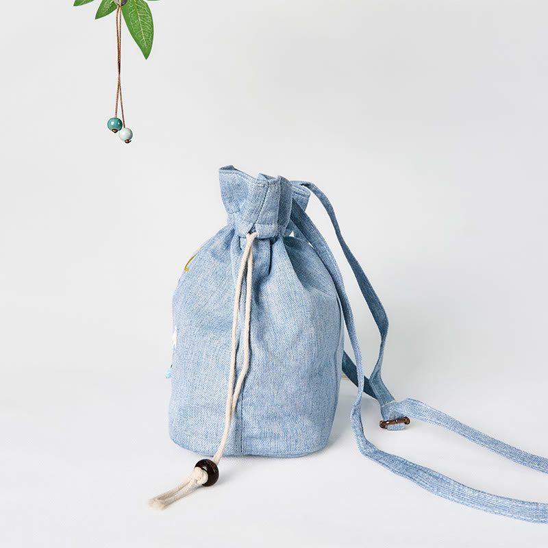 Buddha Stones haftowane jasnoniebieskie wróżki jelenie pomyślne chmury bawełniana lniana torba typu crossbody torba na ramię