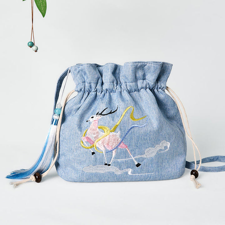 Buddha Stones haftowane jasnoniebieskie wróżki jelenie pomyślne chmury bawełniana lniana torba typu crossbody torba na ramię
