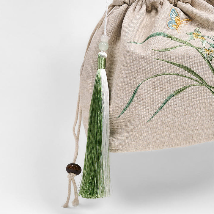 Buddha Stones haftowana beżowa orchidea trawa bawełniana lniana torba typu crossbody torba na ramię