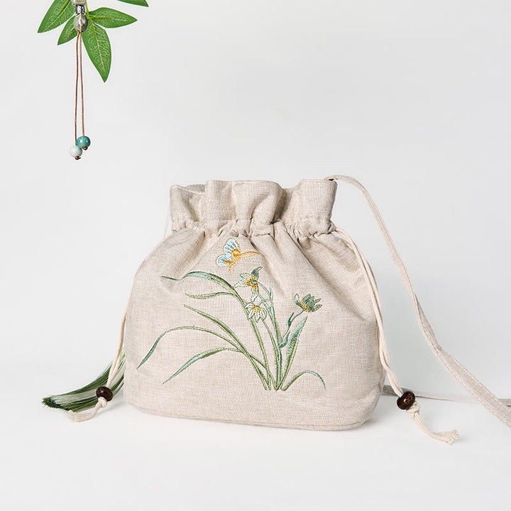 Buddha Stones haftowana beżowa orchidea trawa bawełniana lniana torba typu crossbody torba na ramię