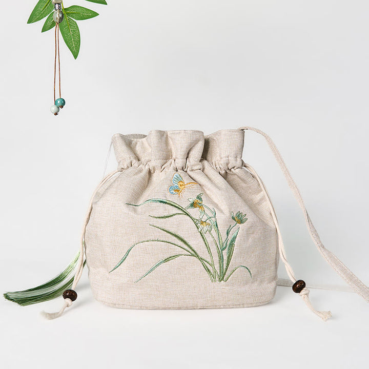 Buddha Stones haftowana beżowa orchidea trawa bawełniana lniana torba typu crossbody torba na ramię