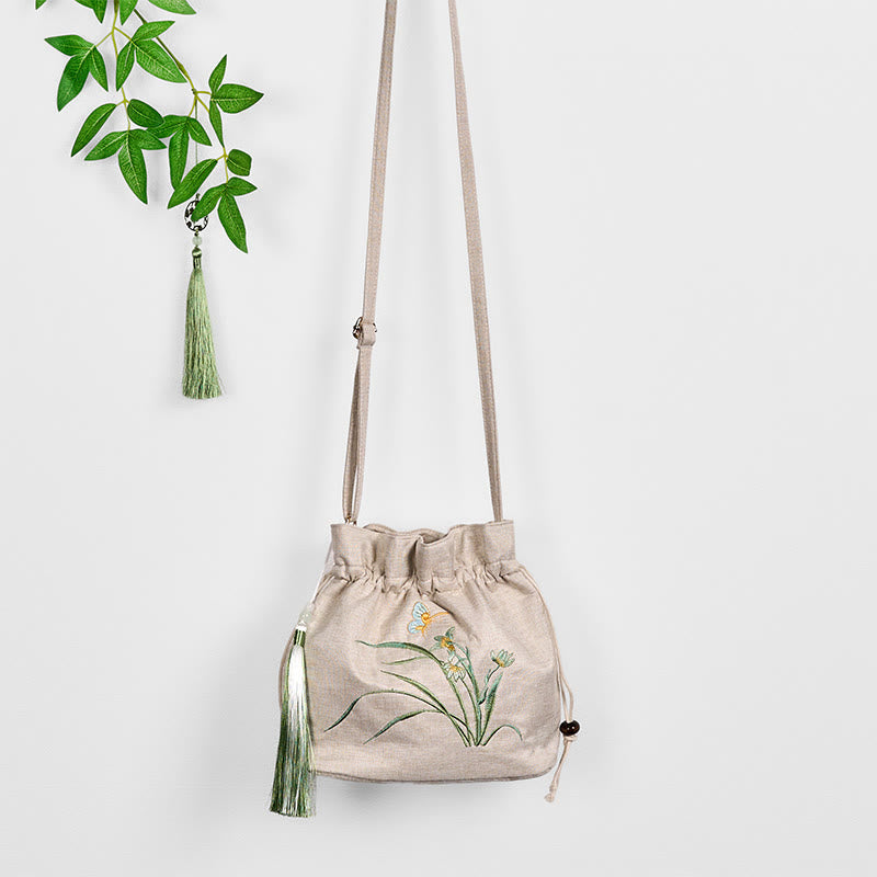 Buddha Stones haftowana beżowa orchidea trawa bawełniana lniana torba typu crossbody torba na ramię