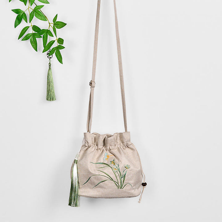 Buddha Stones haftowana beżowa orchidea trawa bawełniana lniana torba typu crossbody torba na ramię