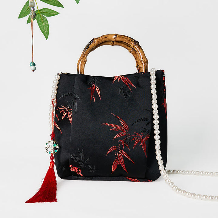 Buddha Stones Poliester Bawełna Haft Liście Bambusowy Uchwyt Perła Torba Crossbody Torebka Wisząca