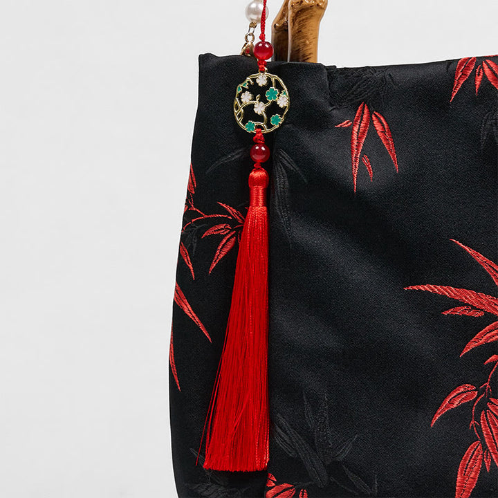 Buddha Stones Poliester Bawełna Haft Liście Bambusowy Uchwyt Perła Torba Crossbody Torebka Wisząca