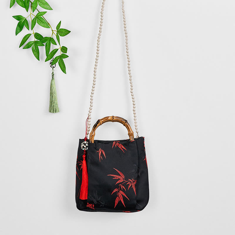 Buddha Stones Poliester Bawełna Haft Liście Bambusowy Uchwyt Perła Torba Crossbody Torebka Wisząca