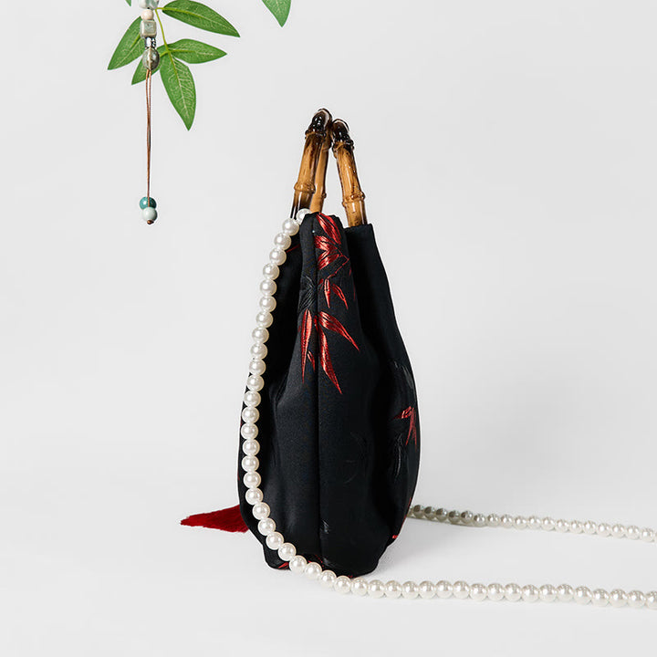 Buddha Stones Poliester Bawełna Haft Liście Bambusowy Uchwyt Perła Torba Crossbody Torebka Wisząca