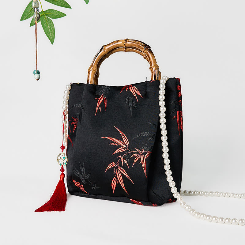 Buddha Stones Poliester Bawełna Haft Liście Bambusowy Uchwyt Perła Torba Crossbody Torebka Wisząca