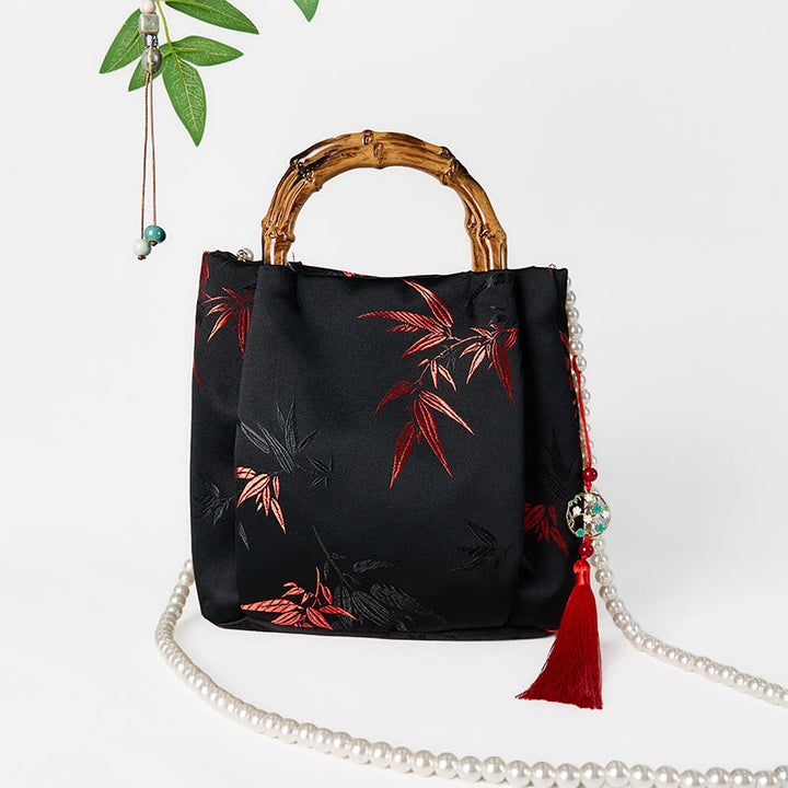 Buddha Stones Poliester Bawełna Haft Liście Bambusowy Uchwyt Perła Torba Crossbody Torebka Wisząca