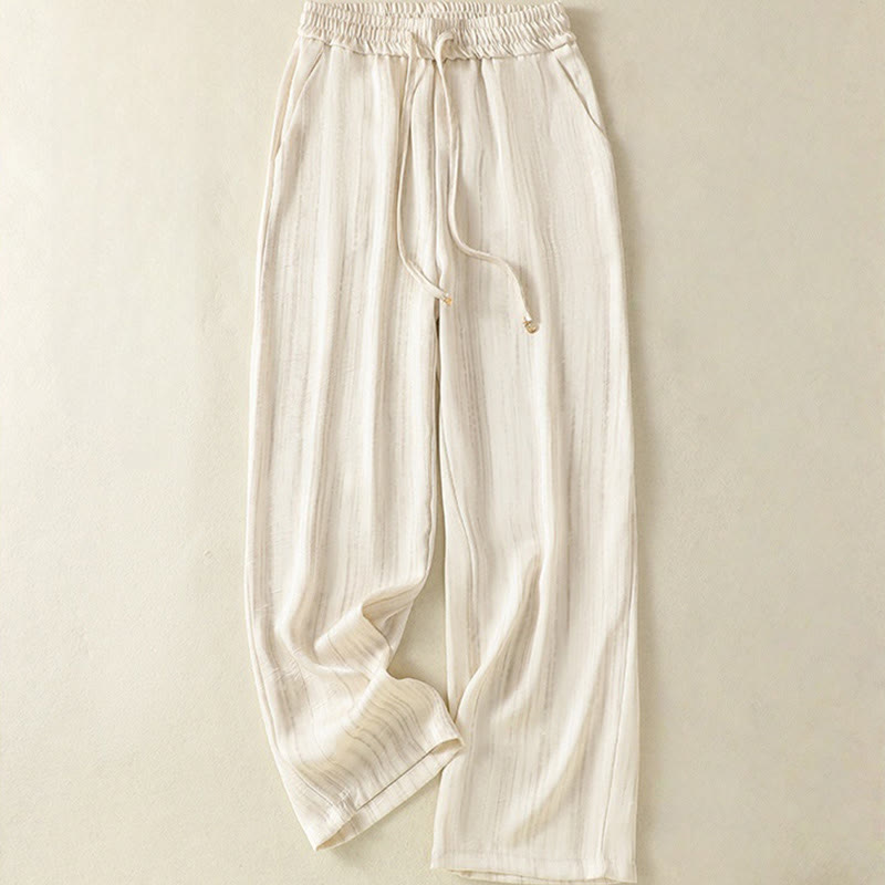 Buddha Stones Artystyczne Swobodne Pionowe Linie Wzór Ściągacz Do Kostki Spodnie Damskie Z Kieszeniami - Beżowy - US8-10，UK/AU12-14，EU40-42 (2XL) - image 0