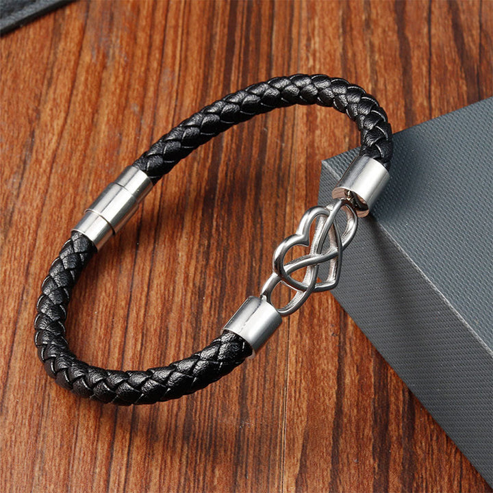 Buddha Stones Bransoleta Endless Knot Heart Leather Titanium Steel Strength Buckle - Srebrzysty (obwód nadgarstka: 17-19cm) - image 0