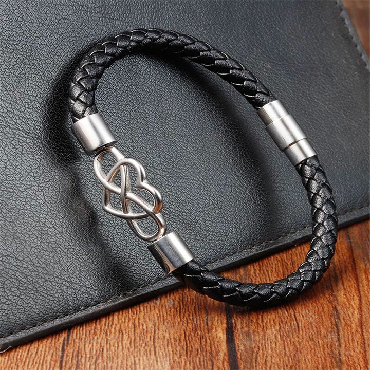 Buddha Stones Bransoleta Endless Knot Heart Leather Titanium Steel Strength Buckle