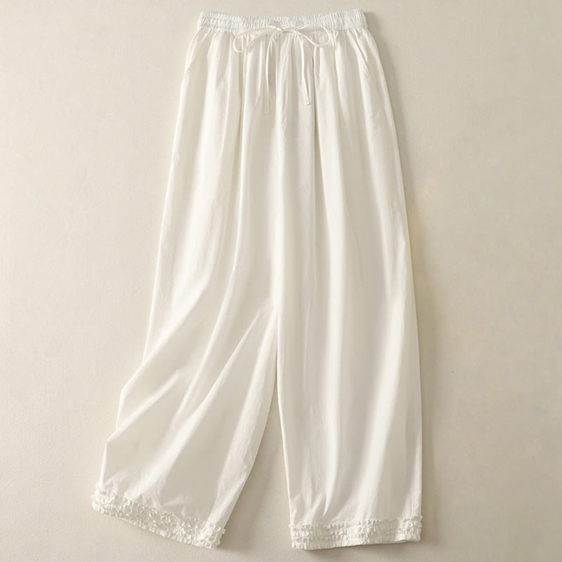 Spodnie damskie z bawełny Buddha Stones Casual Ruffle Hem Patchwork Design ze ściągaczem do kostek i kieszeniami
