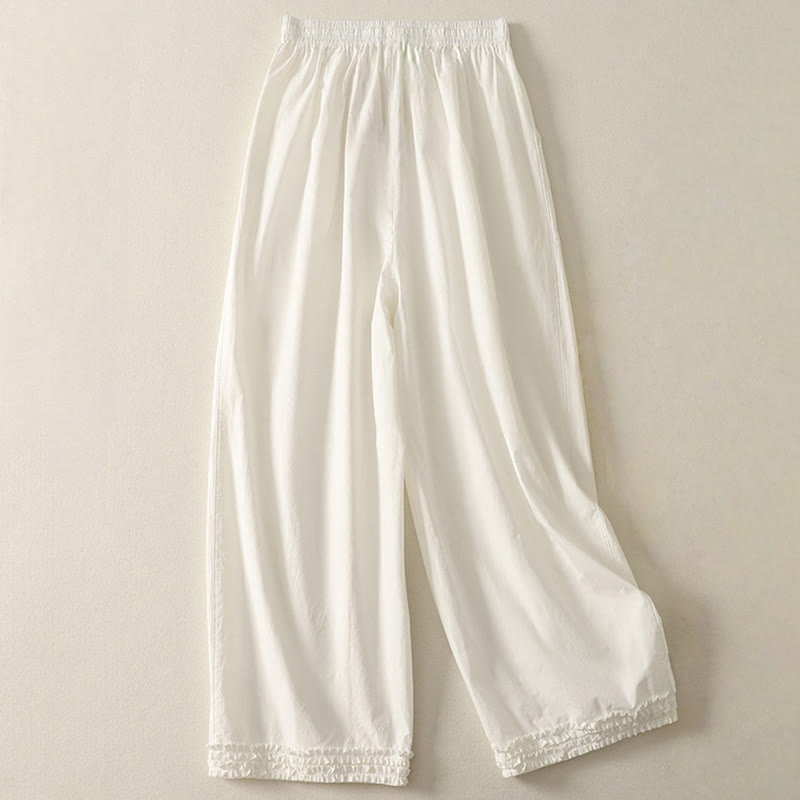 Spodnie damskie z bawełny Buddha Stones Casual Ruffle Hem Patchwork Design ze ściągaczem do kostek i kieszeniami