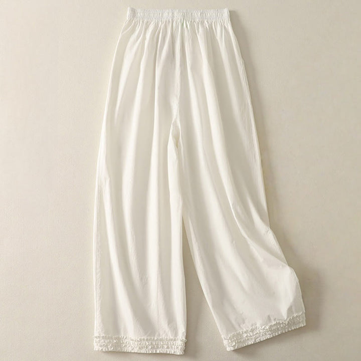 Spodnie damskie z bawełny Buddha Stones Casual Ruffle Hem Patchwork Design ze ściągaczem do kostek i kieszeniami