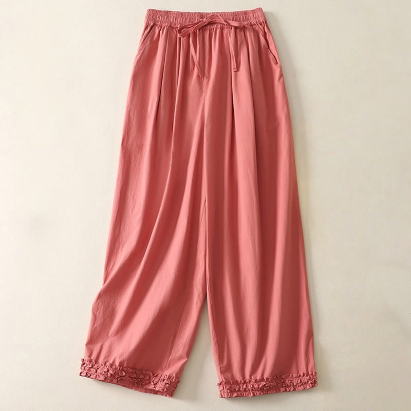 Spodnie damskie z bawełny Buddha Stones Casual Ruffle Hem Patchwork Design ze ściągaczem do kostek i kieszeniami - Pomidor - US12, UK/AU16, EU44 (2XL) - image 0