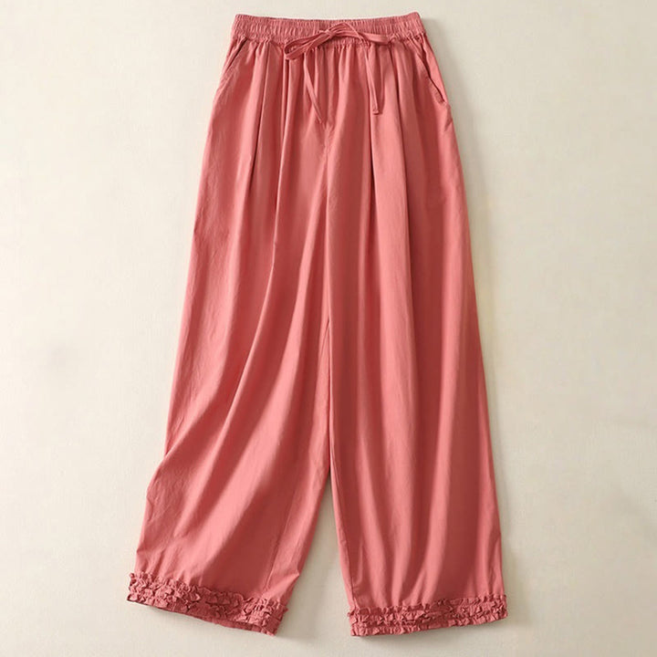 Spodnie damskie z bawełny Buddha Stones Casual Ruffle Hem Patchwork Design ze ściągaczem do kostek i kieszeniami - Pomidor - US12, UK/AU16, EU44 (2XL) - image 0