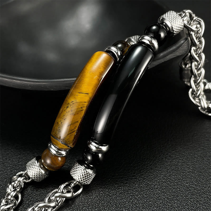 Buddha Stones Tiger Eye Black Obsydian Stone Titanium Steel Strength Buckle
